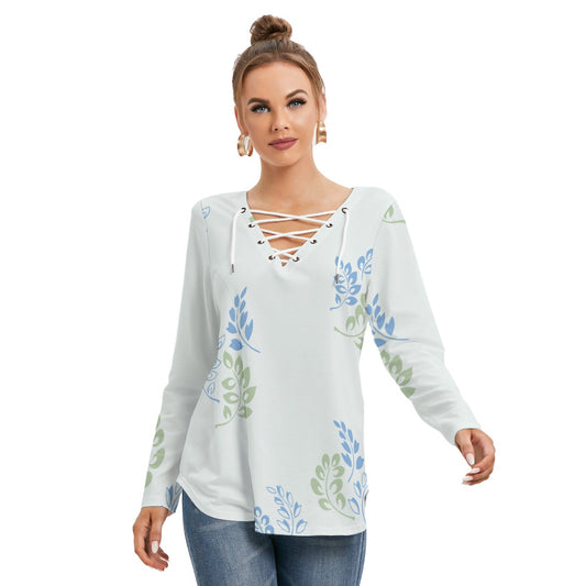 Women's All Over Print Lace Front Long Sleeve Blouse