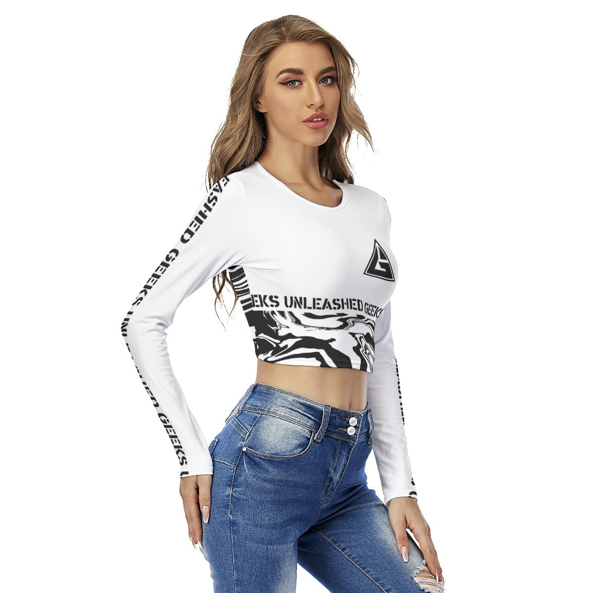 GU Brand Women's 'White Warp' Long Sleeve Crop Top