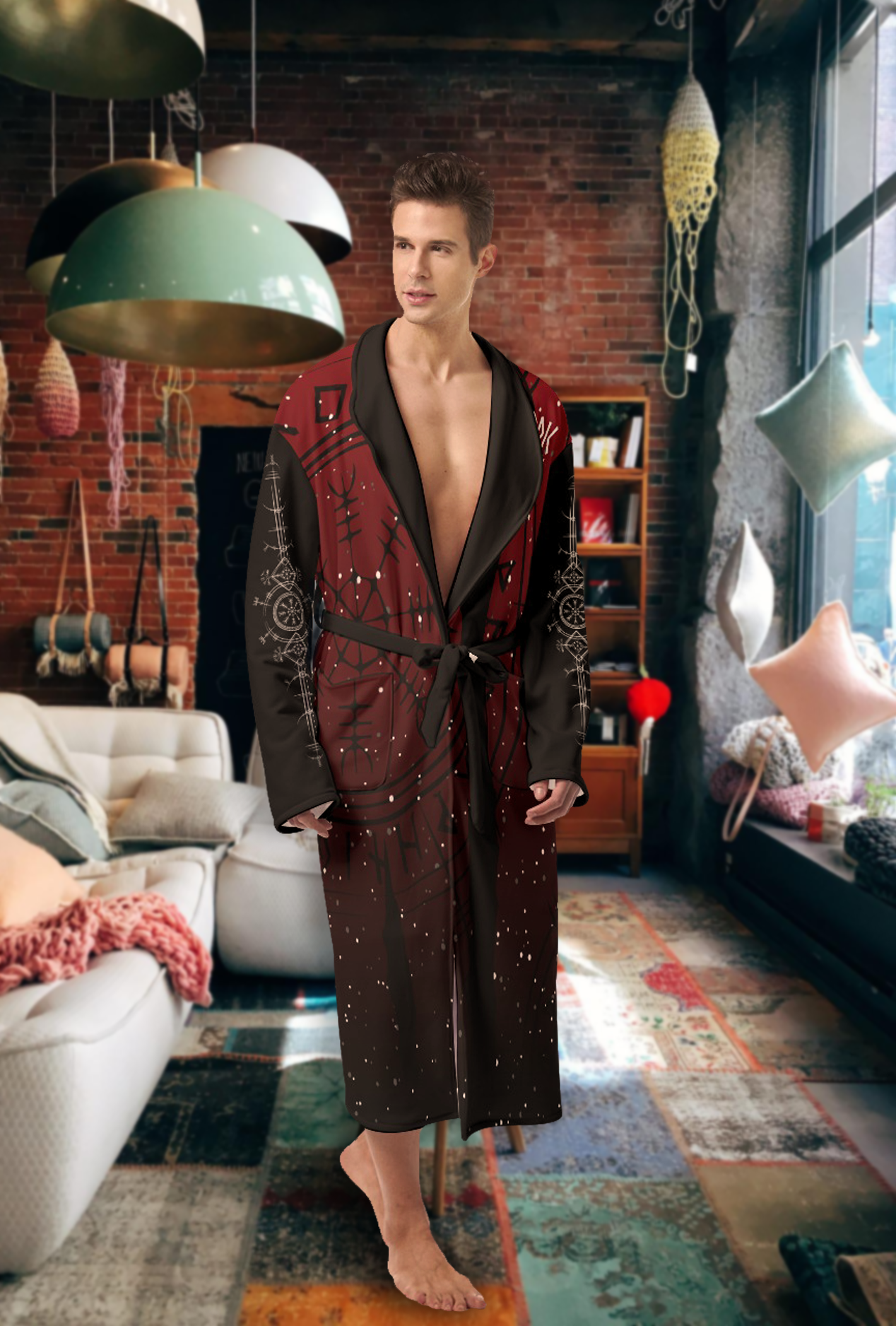 Men's Nordic Runes Gaming Long Fleece Robe